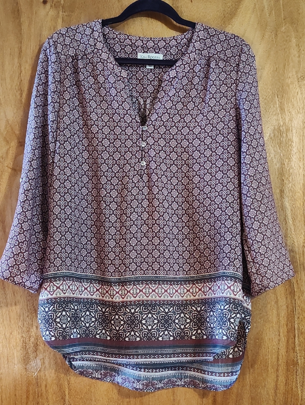 Kim Rogers Pretty Popover Top Maroon Tile Print w/ Sheen Convertible Sleeves Med
